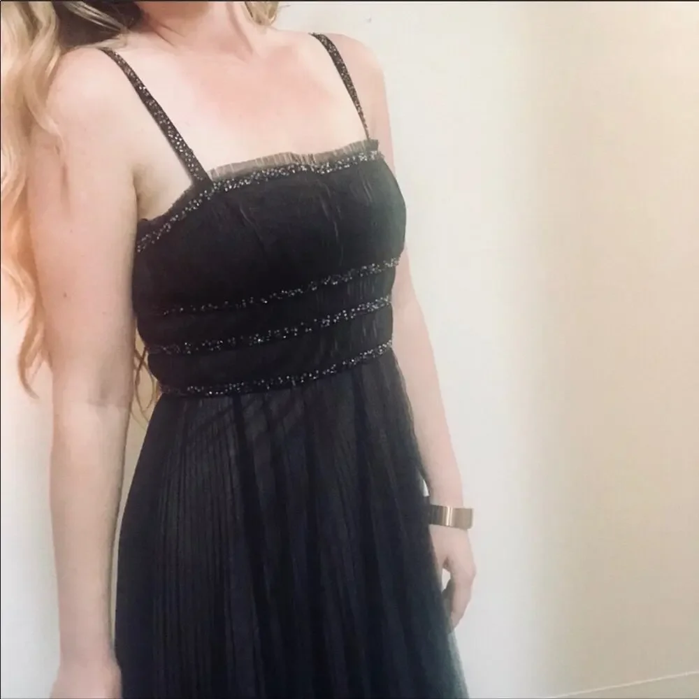 NEW BCBG Max Azria Black Pleated Beaded Tank Top Cocktail Midi Dress M - Picture 3 of 13
